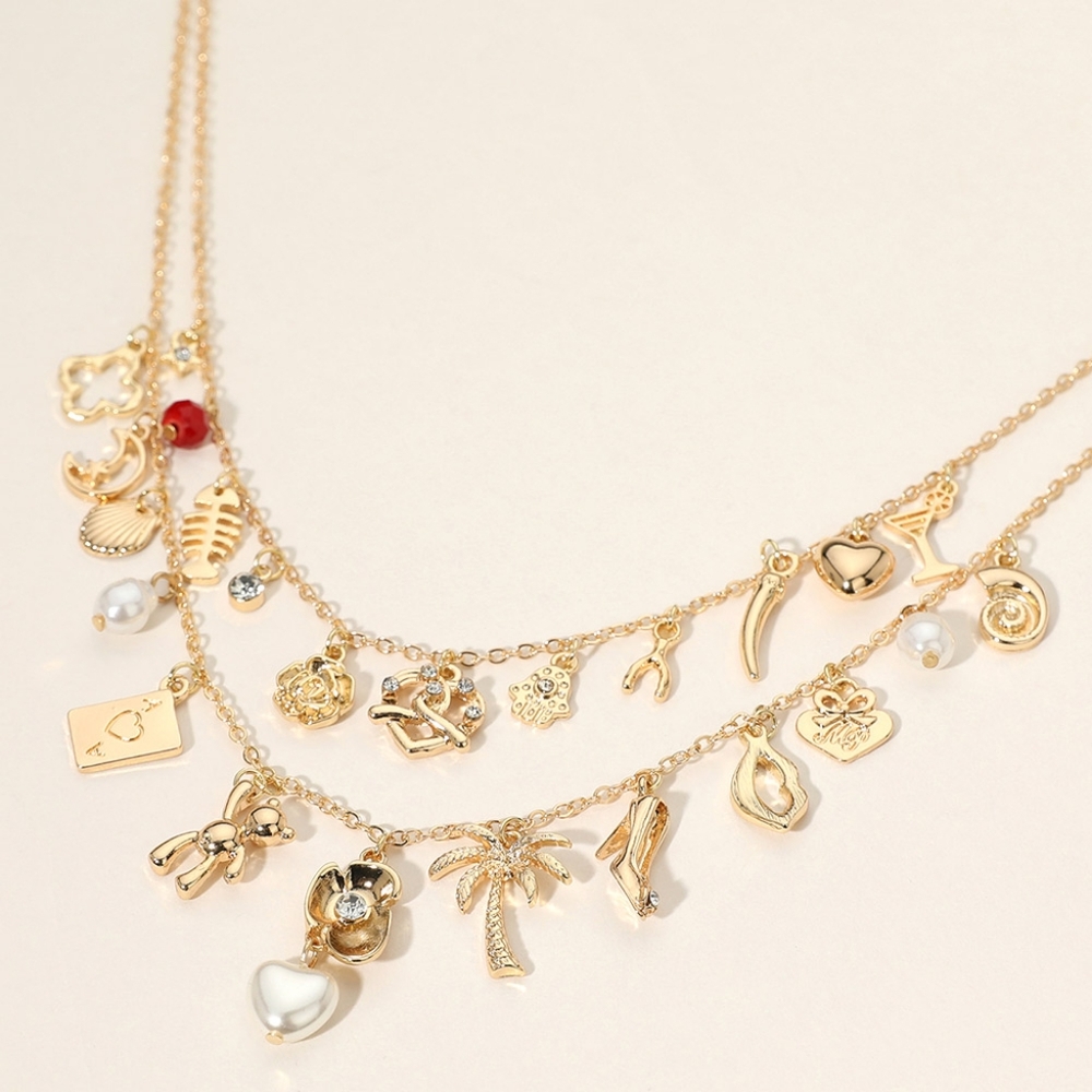 Gold Pretzel Hamsa Beaded Multi Charm Pendant Layered Station Pearl Necklace